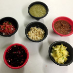 6 Salsas prepared by Chef Philip Feder for his Street Tacos and Salsas class. Salsas include Pineapple Salsa, Smoked Corn Salsa, Beet Salsa, Watermelon Salsa, Charred Veggie Salsa, and Tomatillo Salsa